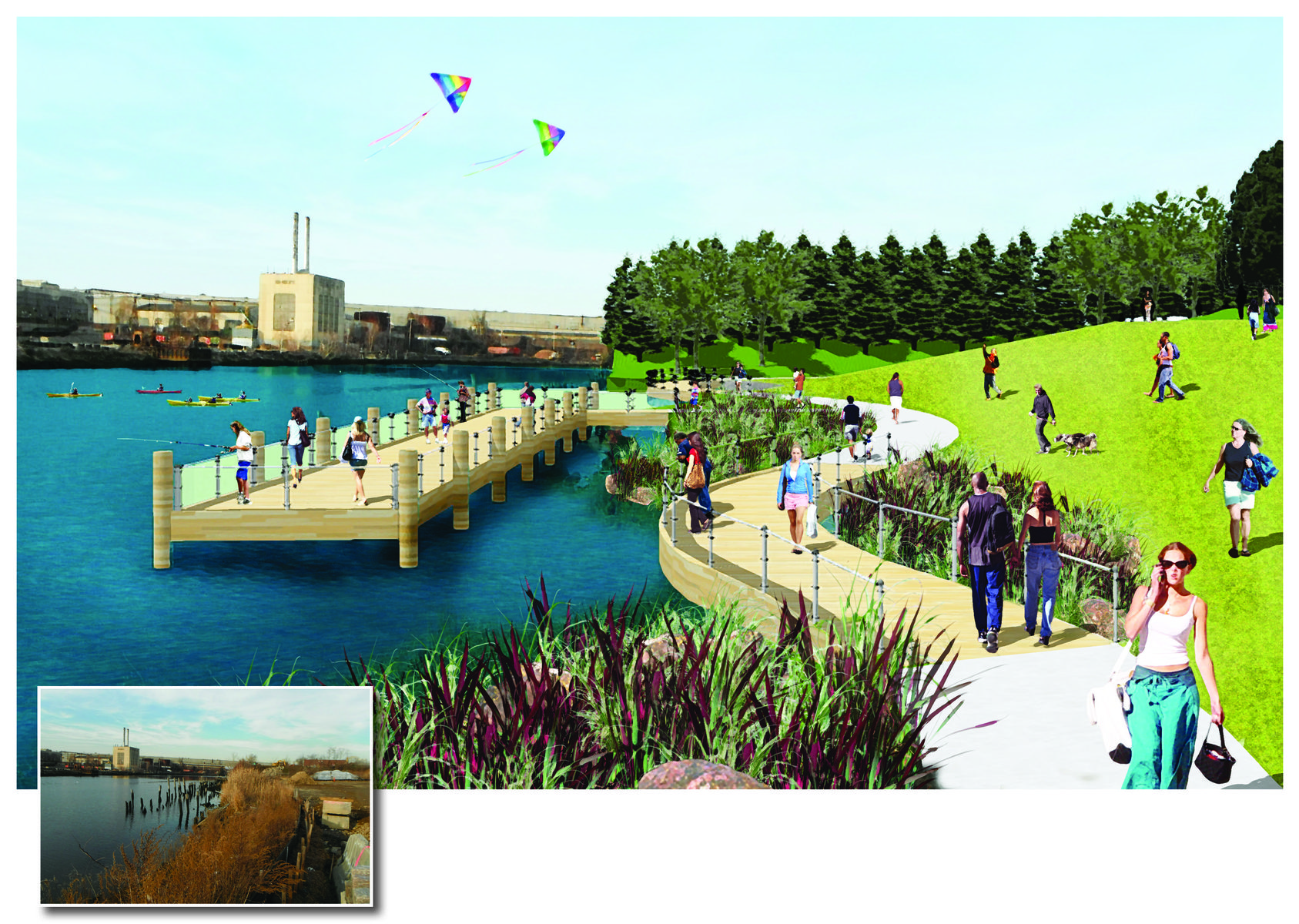 A waterfront promenade and fishing pier constructed from existing piles provide new public waterfront access. Boardwalks weave through native riparian plantings that provide habitat and cleanse stormwater runoff.